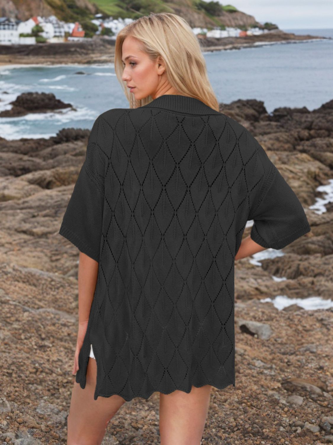 Button down eyelet collared neck knit shirt.