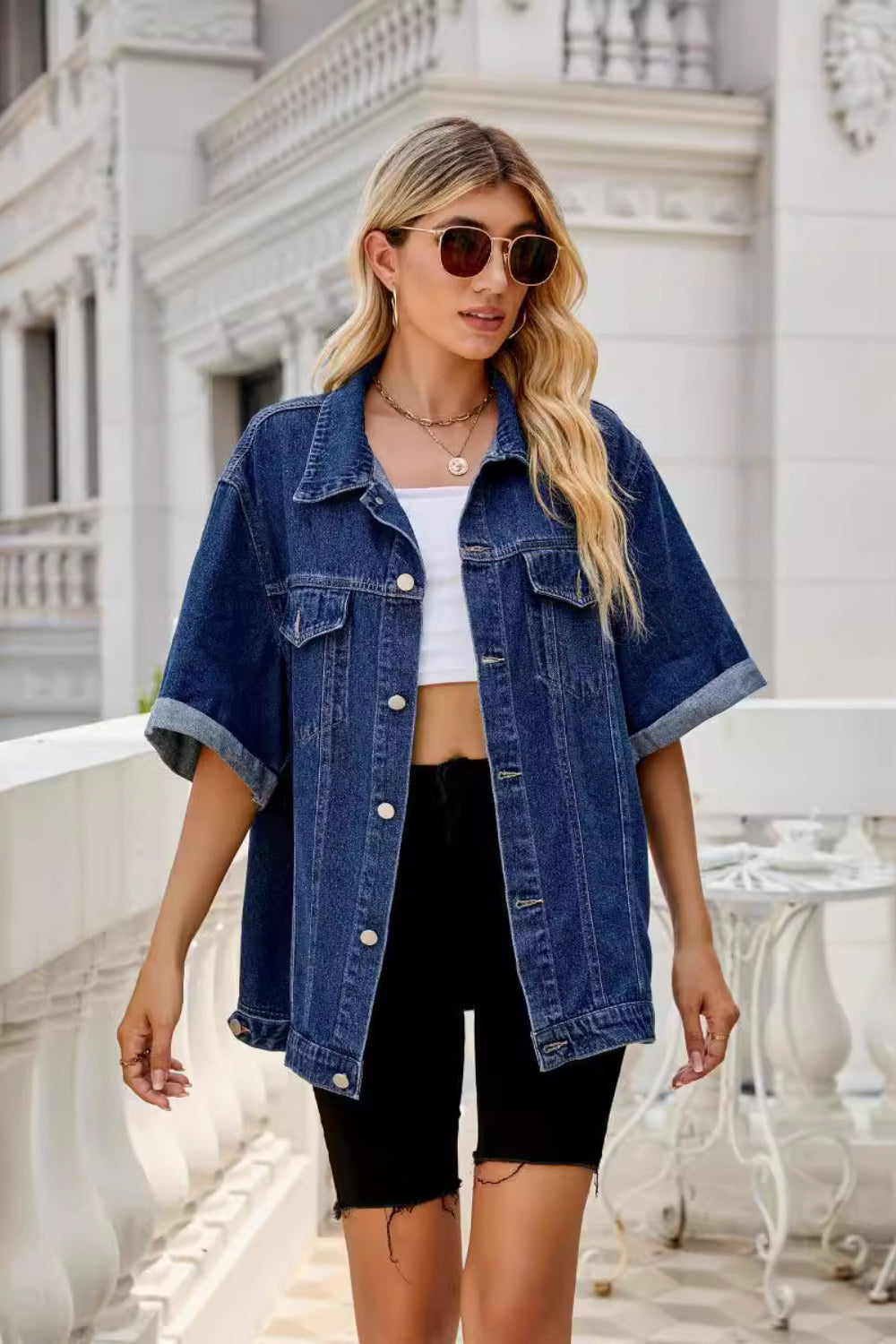 Button down half sleeve denim jacket with pockets.