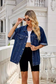 Button down half sleeve denim jacket with pockets.