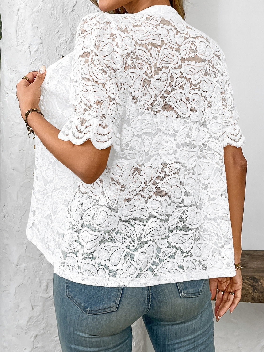 Button down half sleeve lace shirt.