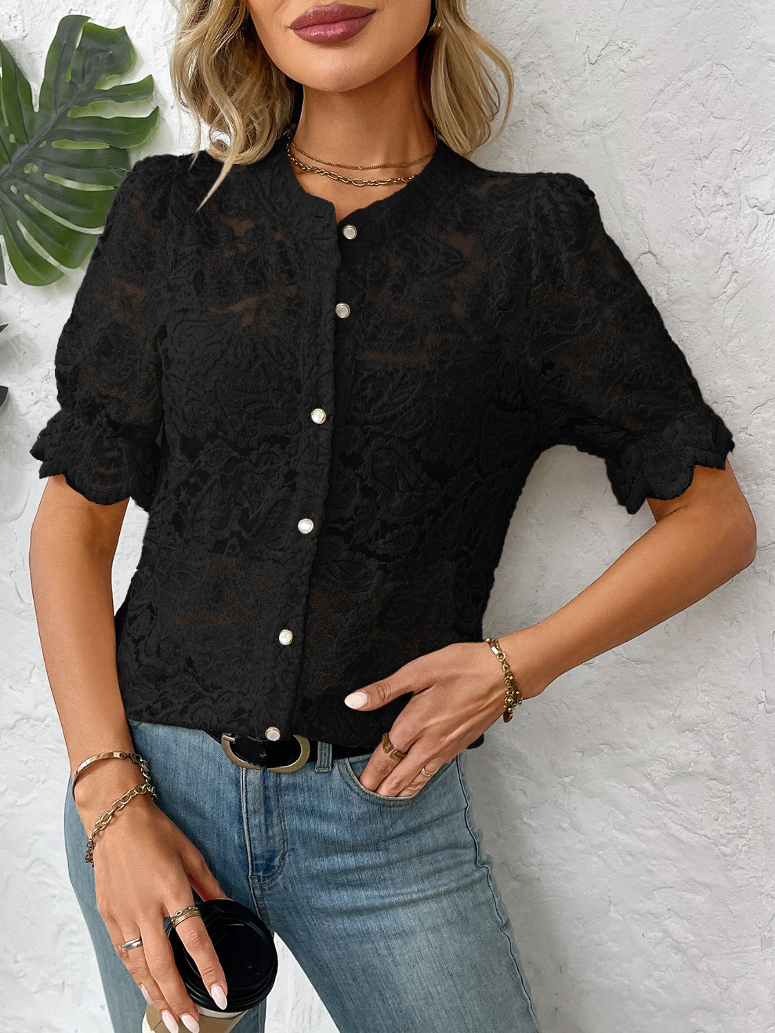 Button down half sleeve lace shirt.