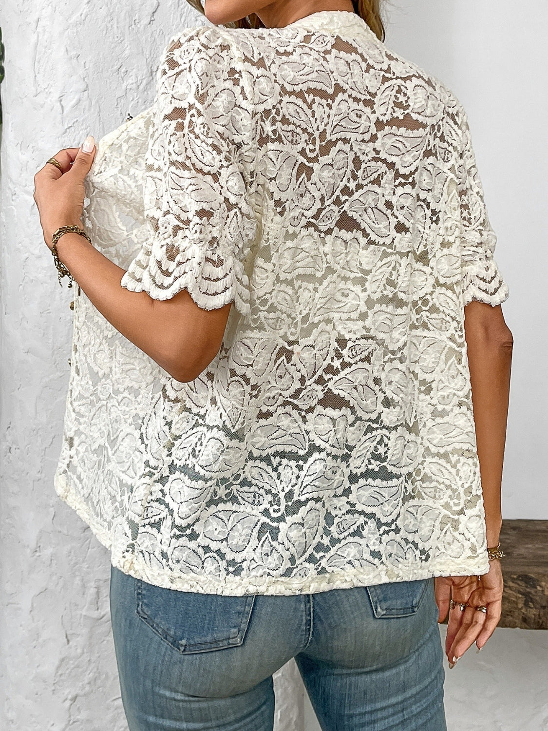 Button down half sleeve lace shirt.