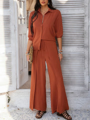 Devine Button Down Long Sleeve Top and Wide Leg Pants Set.