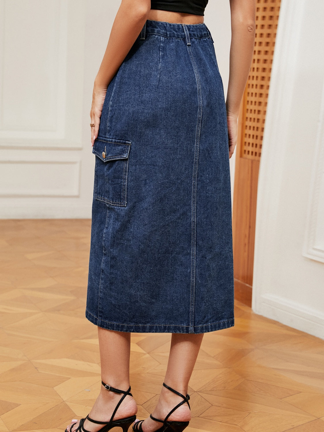 Button Down Midi Denim Skirt.