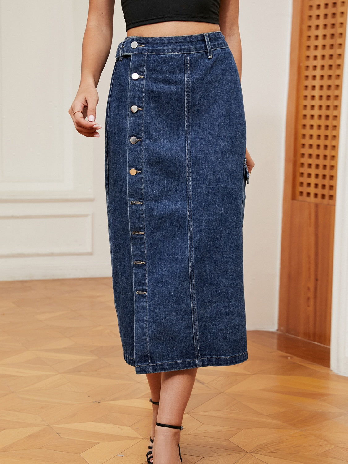 Button Down Midi Denim Skirt.