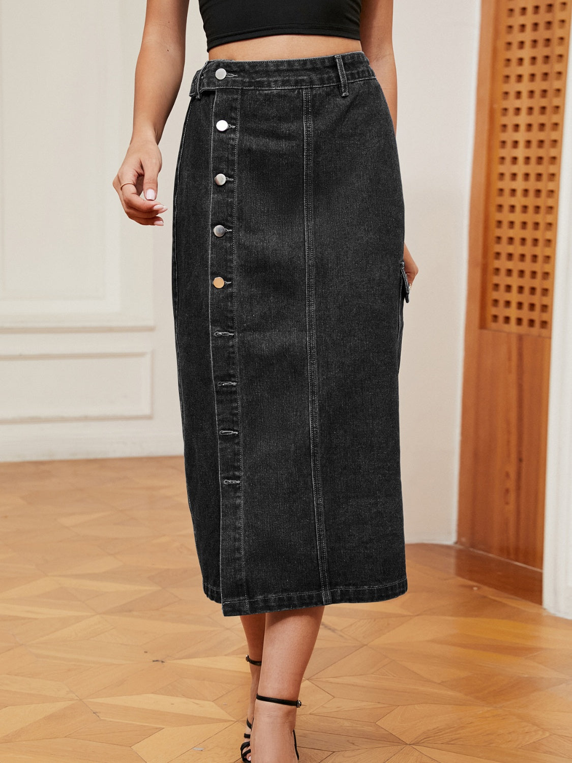 Button Down Midi Denim Skirt.