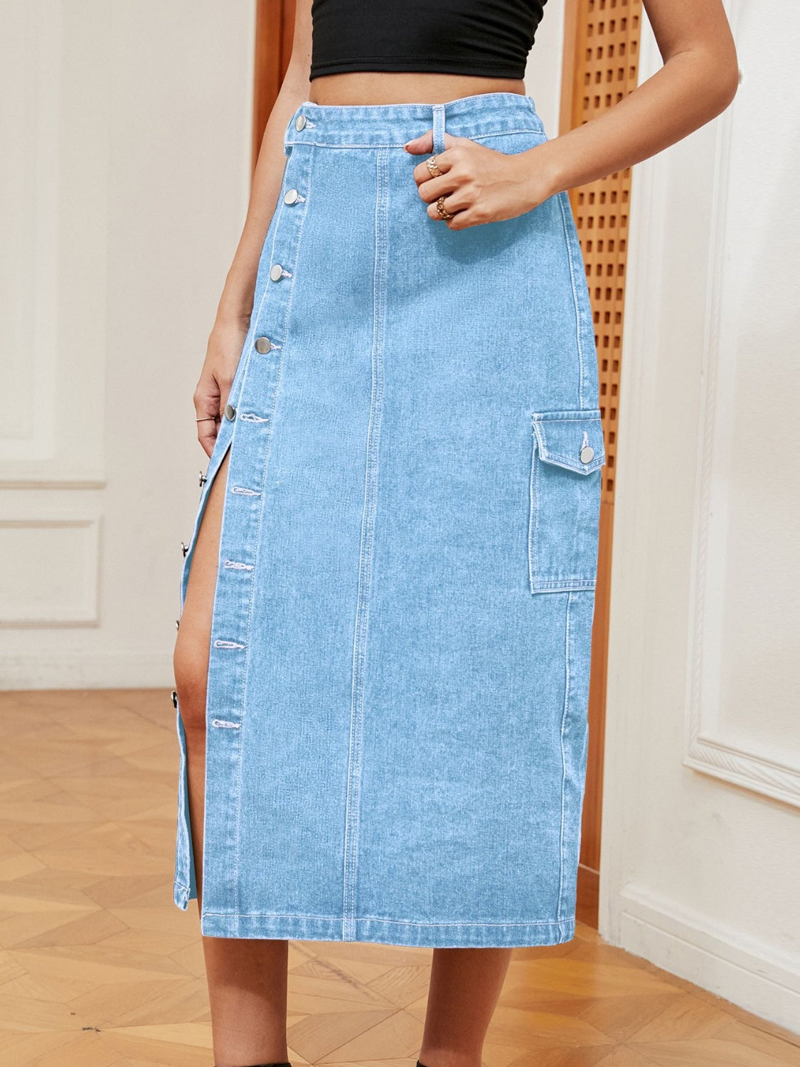 Button Down Midi Denim Skirt.