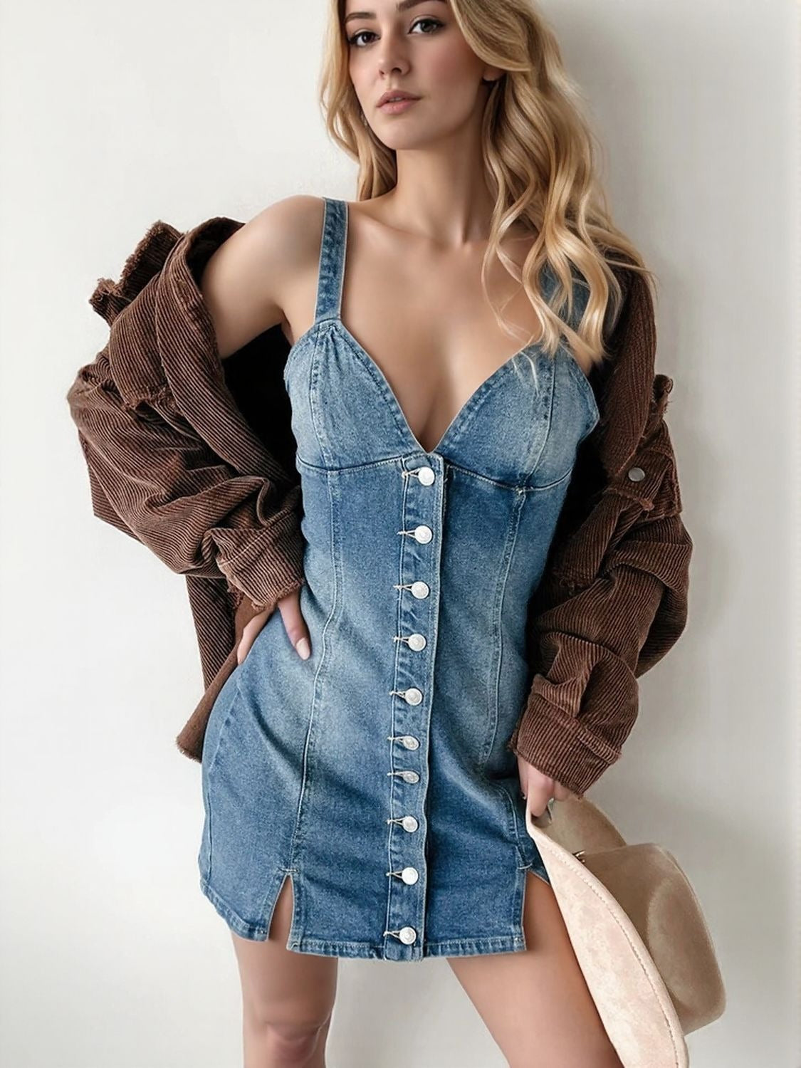Button Down Mini Cami Denim Dress with Slit.