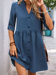 Perfee Button Down Notched Half Sleeve Mini Shirt Dress.