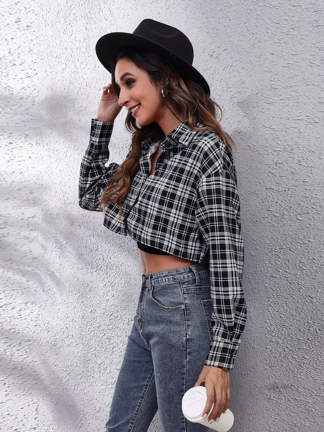 Button down printed cropped jacket with high-low hem.