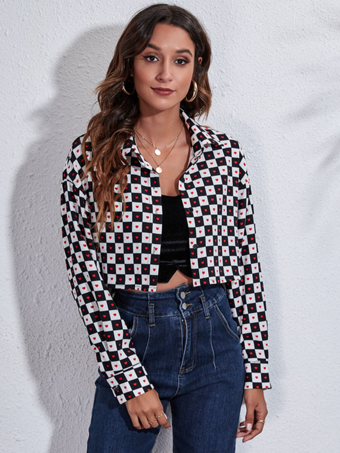 Button down printed cropped jacket with high-low hem.