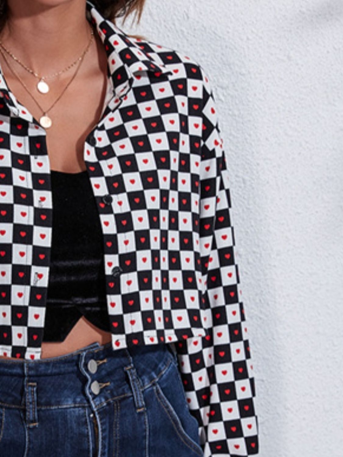 Button down printed cropped jacket with high-low hem.