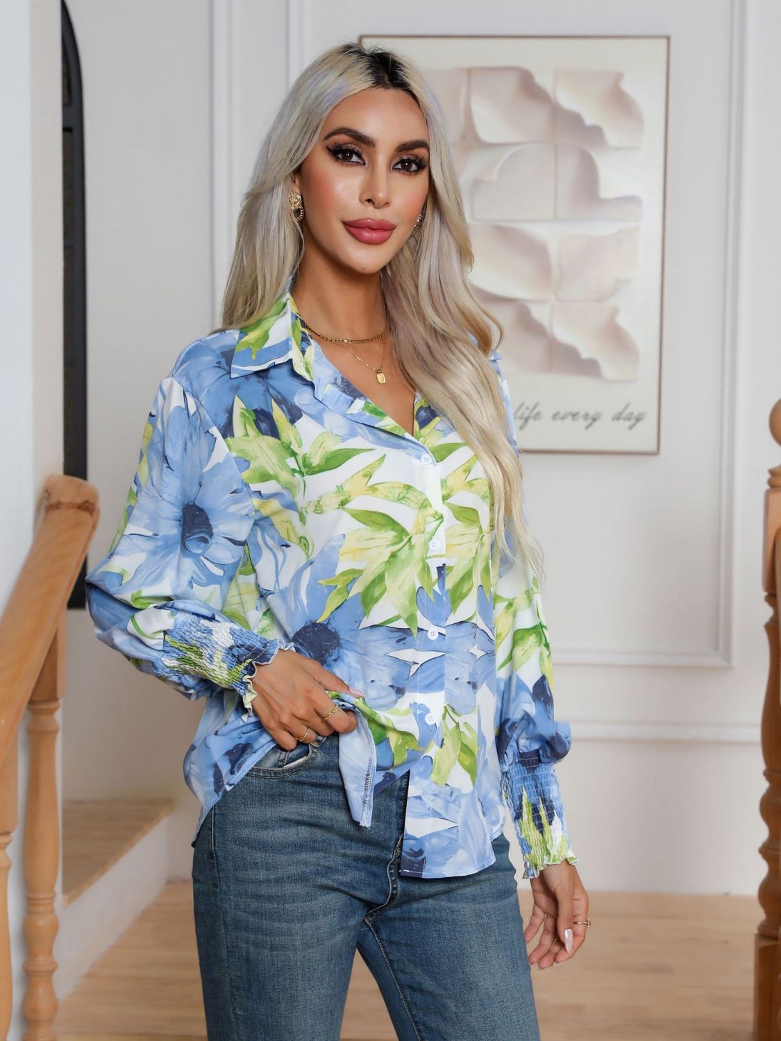 Button down printed long sleeve shirt.
