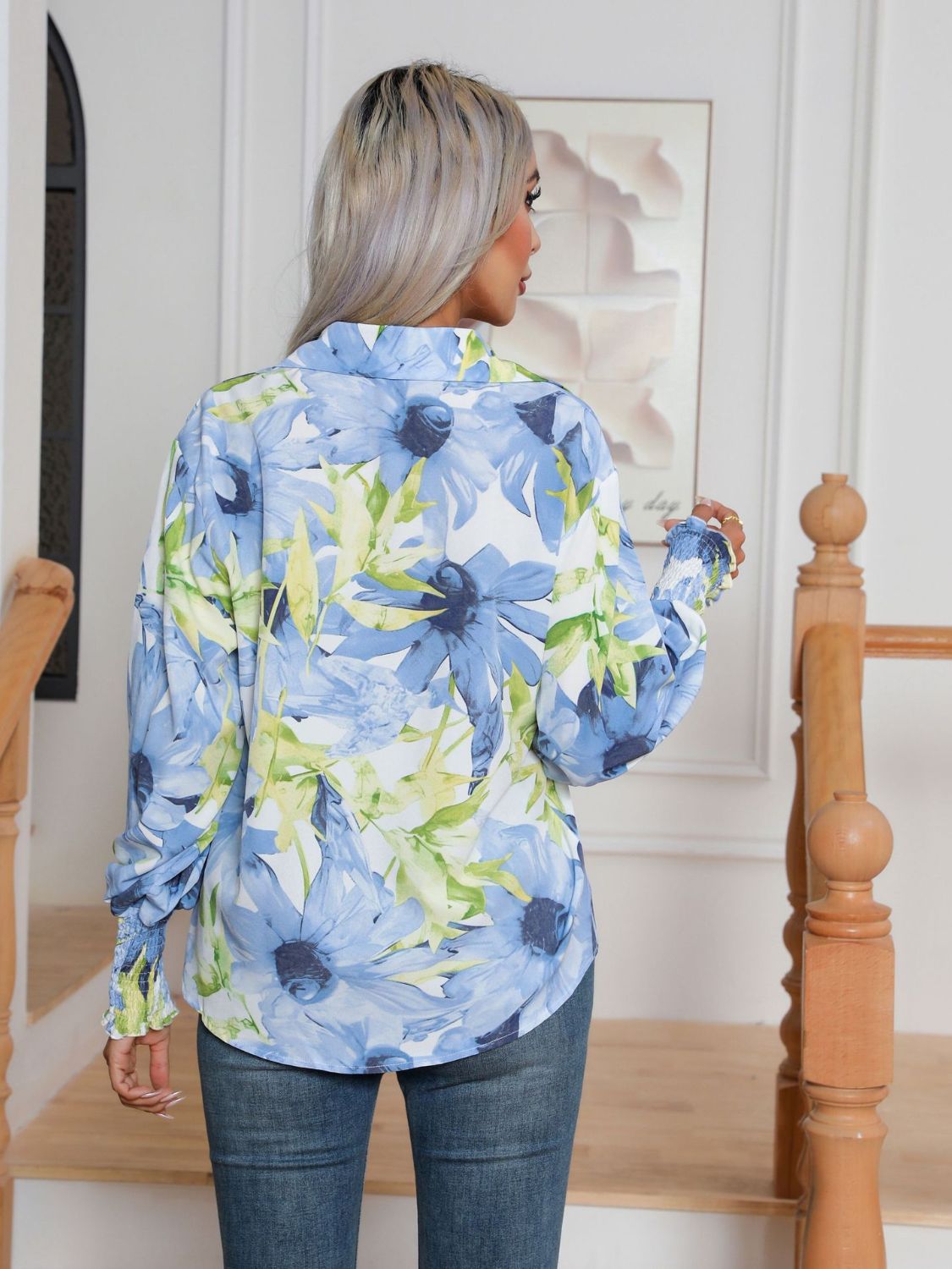 Button down printed long sleeve shirt.
