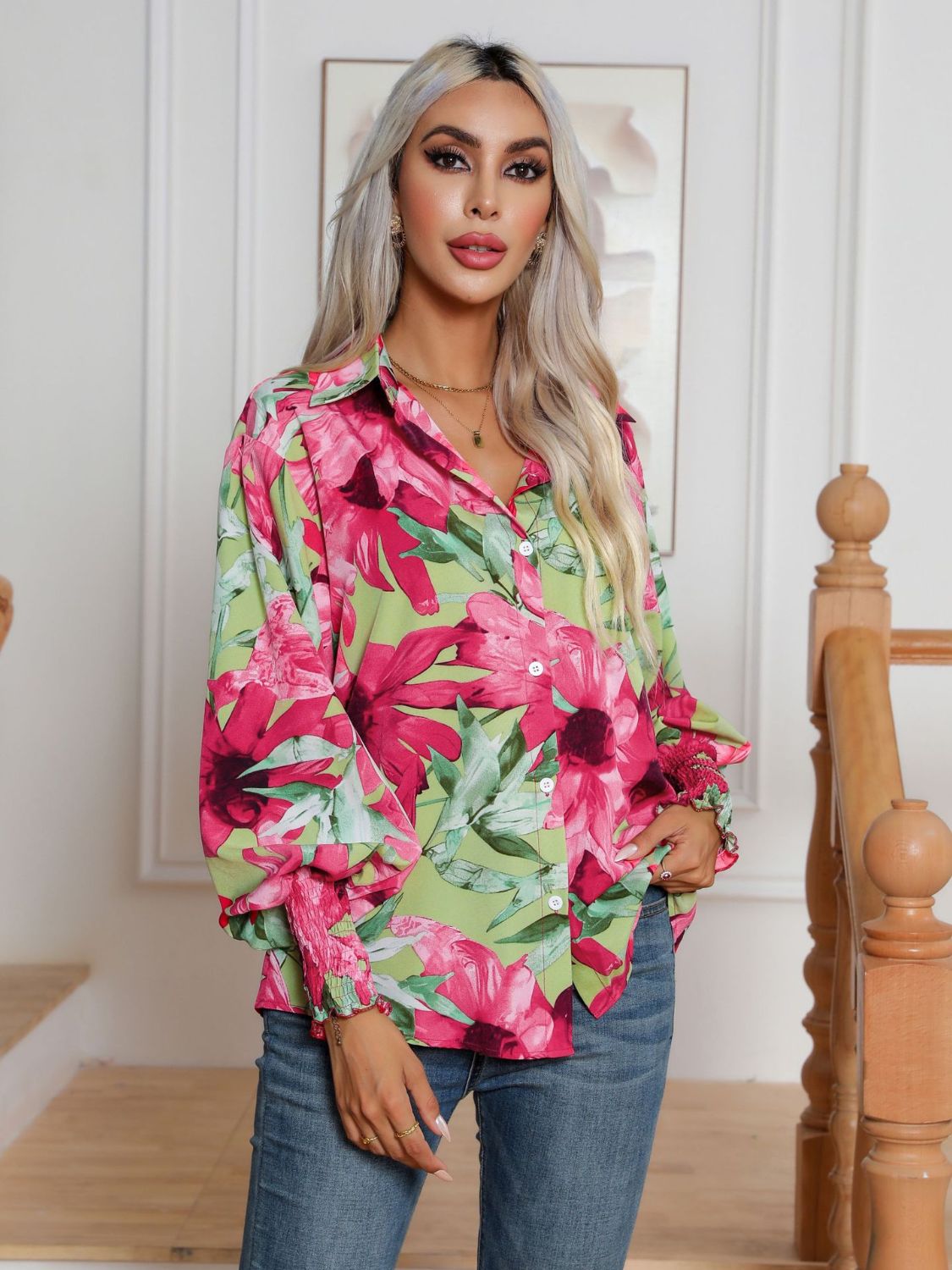 Button down printed long sleeve shirt.