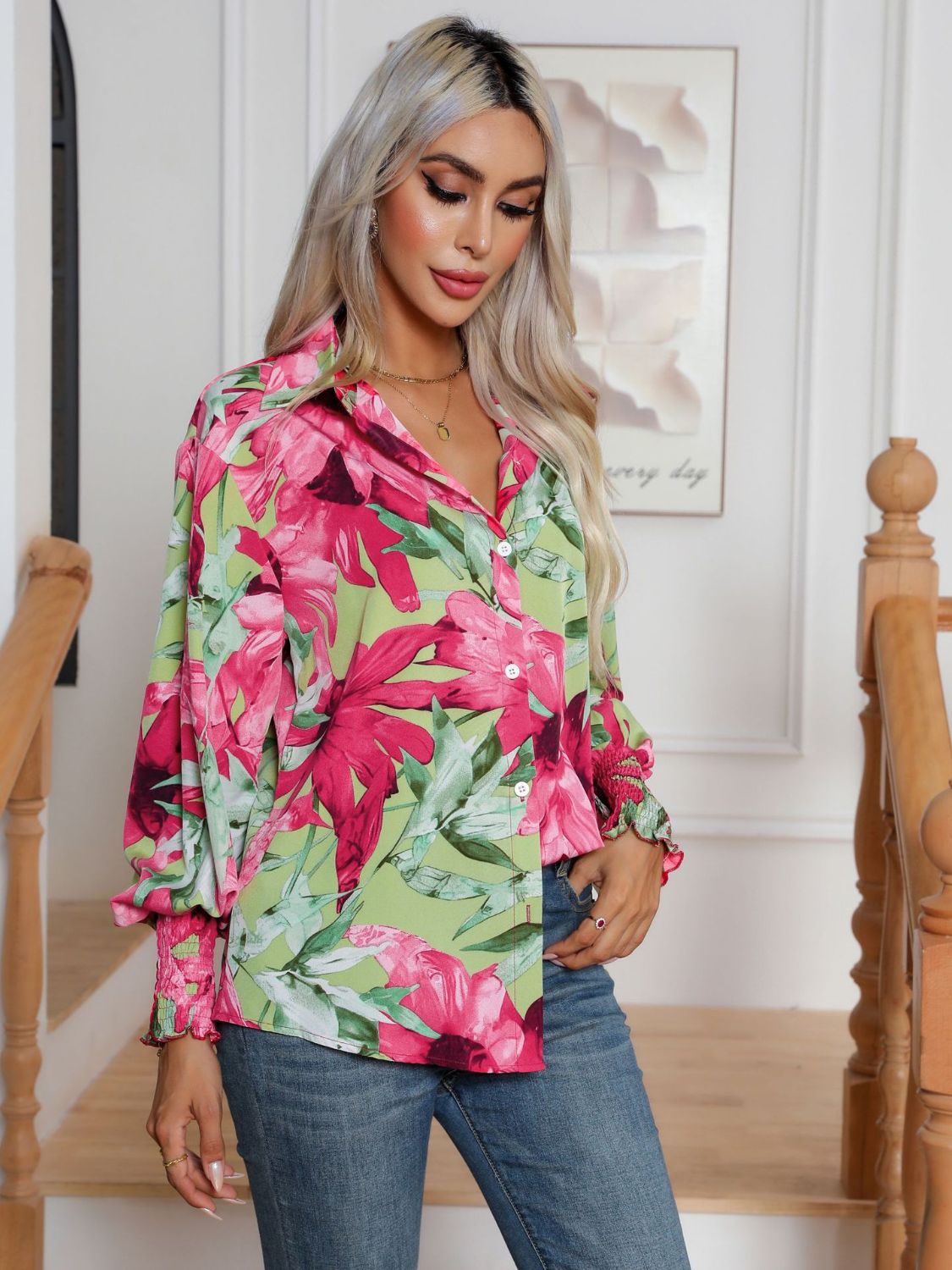Button down printed long sleeve shirt.