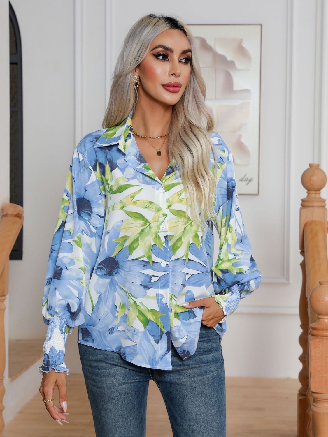 Button down printed long sleeve shirt.