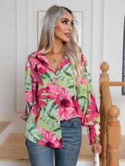 Button down printed long sleeve shirt.
