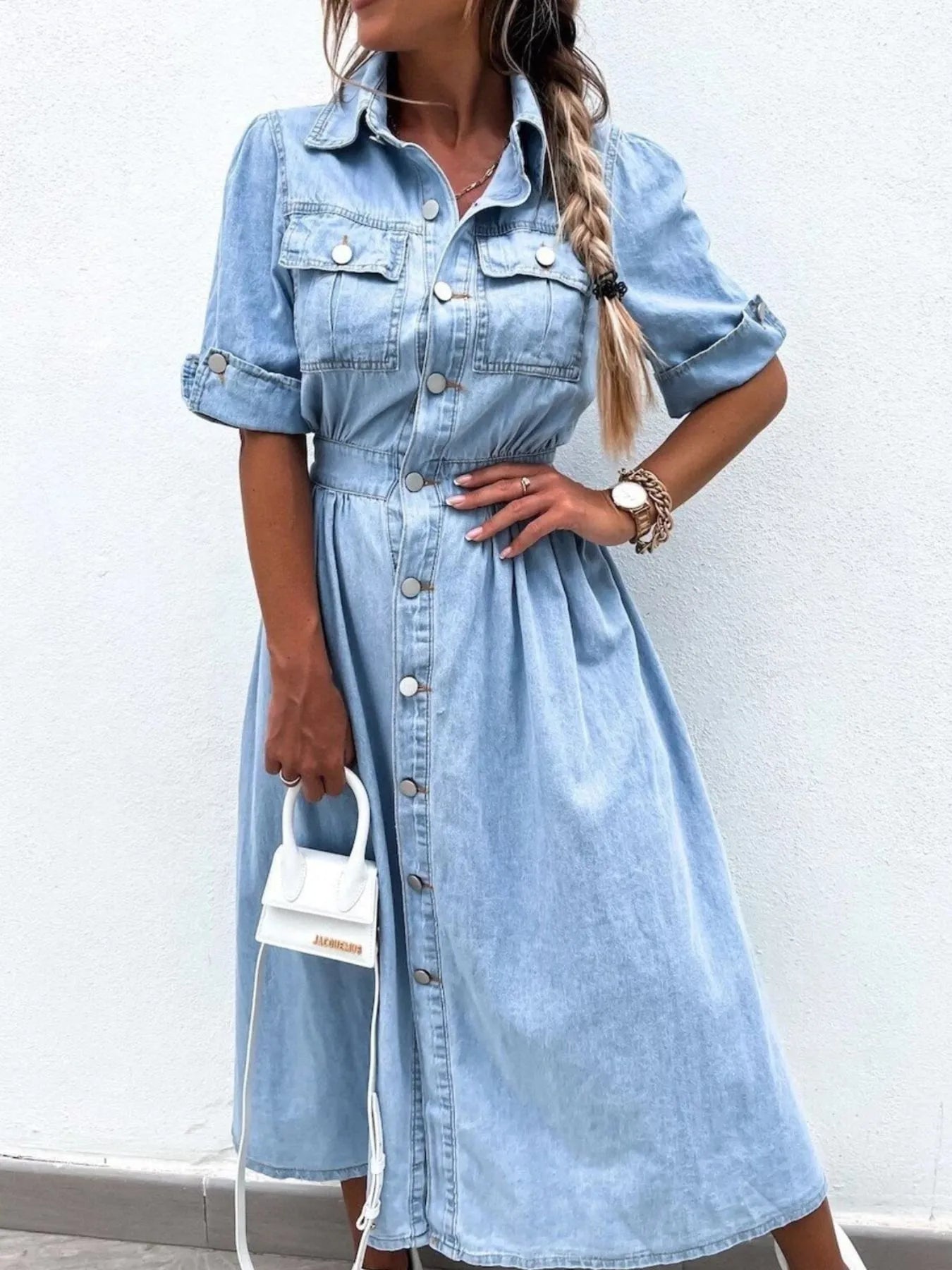 Full Size Button Down Roll-Up Sleeve Denim Shirt Dress Plus Size.