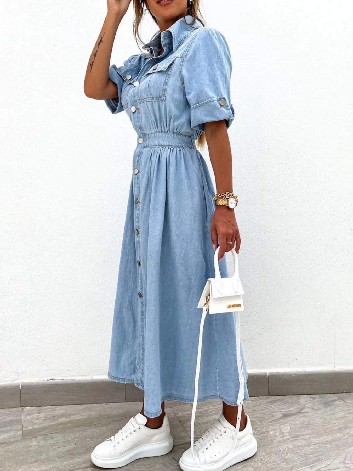 Full Size Button Down Roll-Up Sleeve Denim Shirt Dress Plus Size.