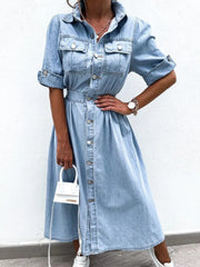 Full Size Button Down Roll-Up Sleeve Denim Shirt Dress Plus Size.