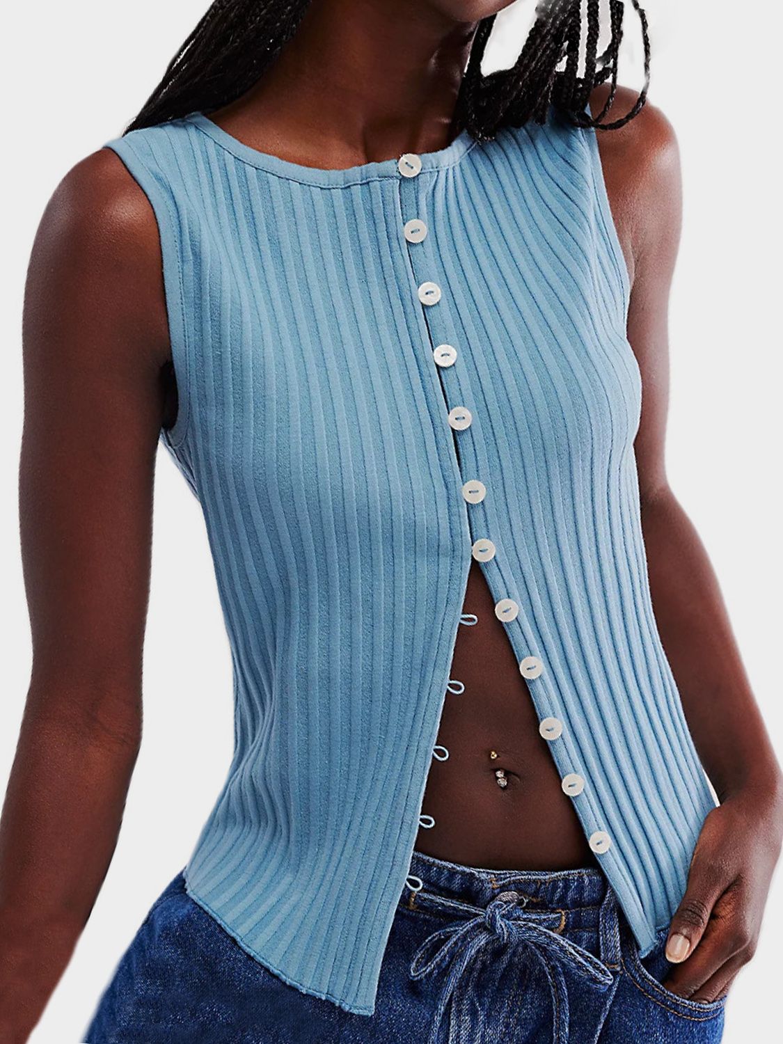 Button down round neck sweater vest with moderate stretch.