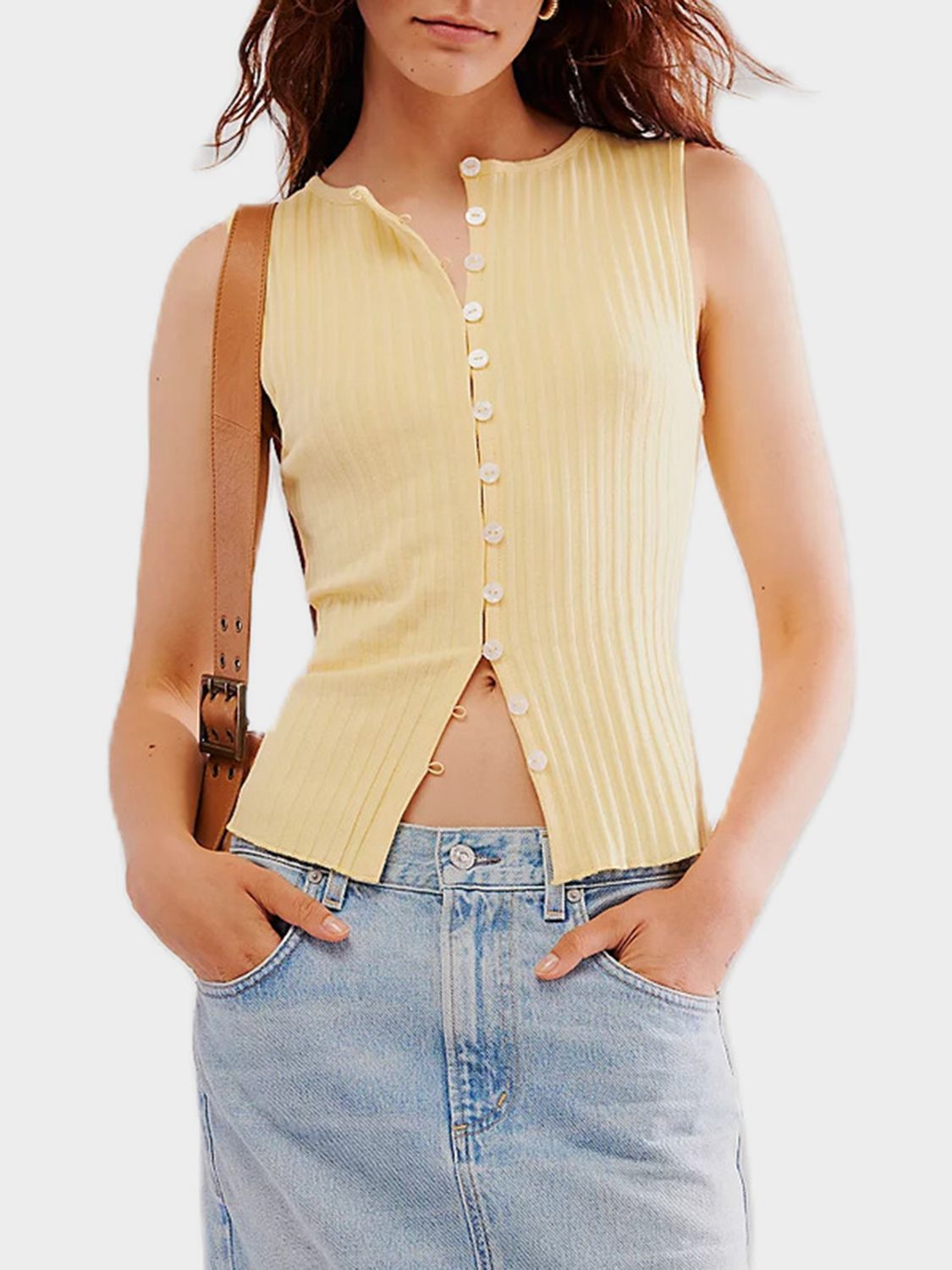 Button down round neck sweater vest with moderate stretch.