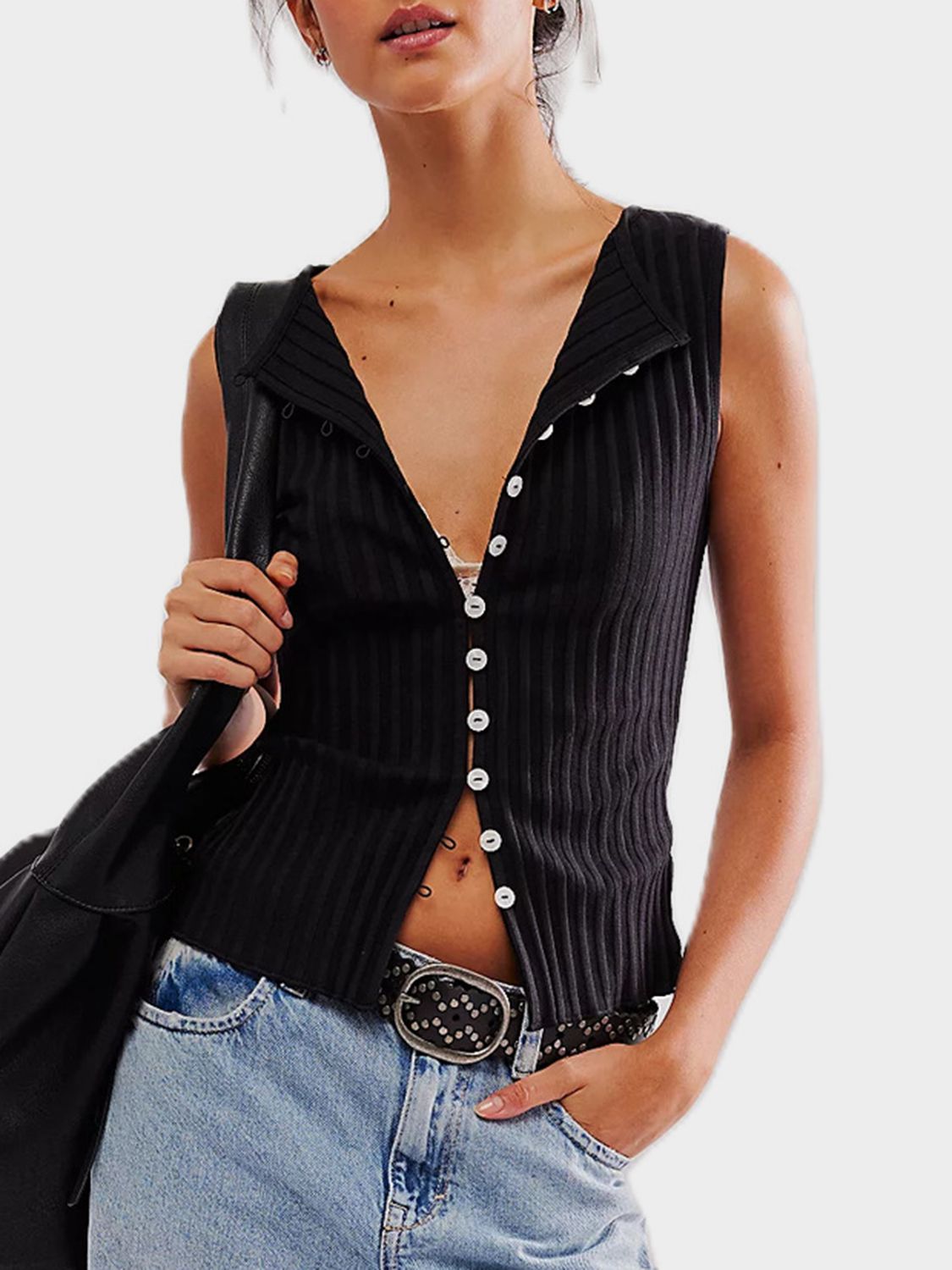 Button down round neck sweater vest with moderate stretch.