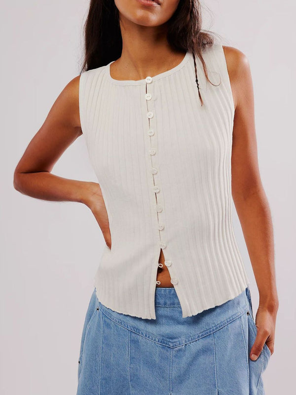 Button down round neck sweater vest with moderate stretch.