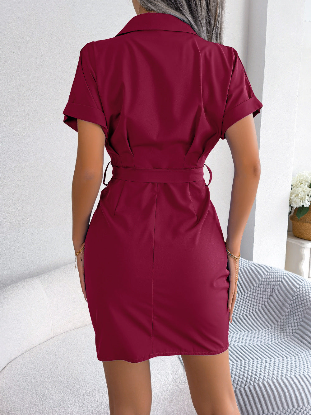 Button Down Ruched Tie Belt Dress.