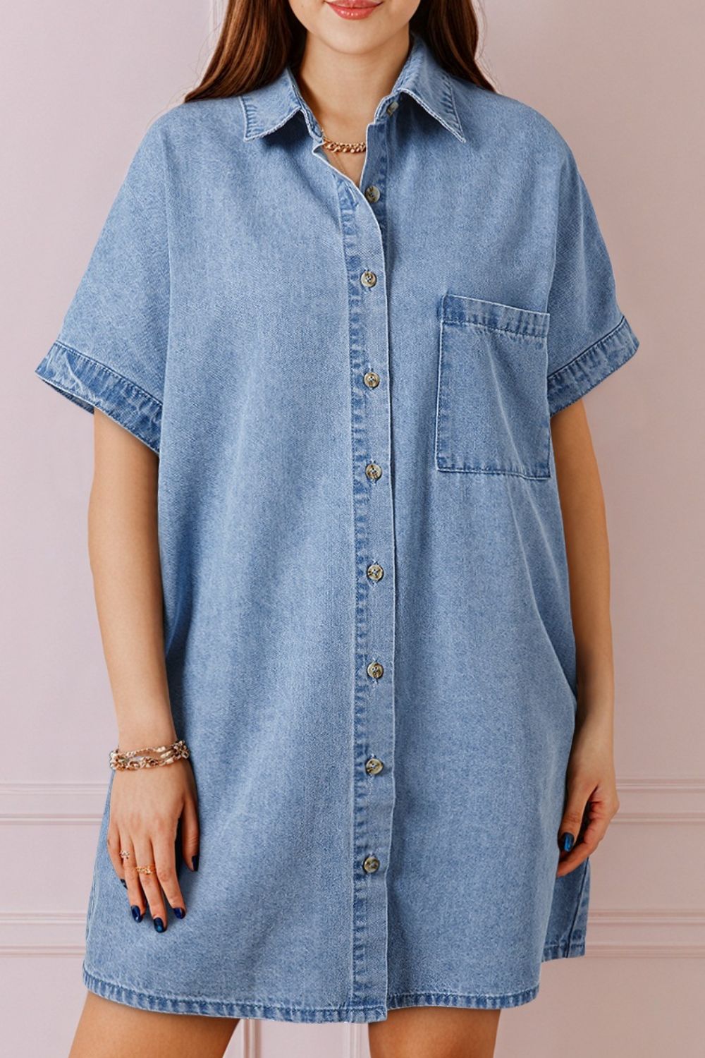 Button Down Short Sleeve Denim Dress.