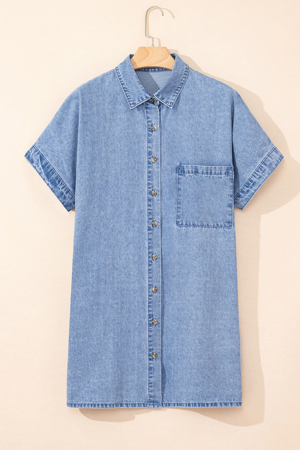 Button Down Short Sleeve Denim Dress.