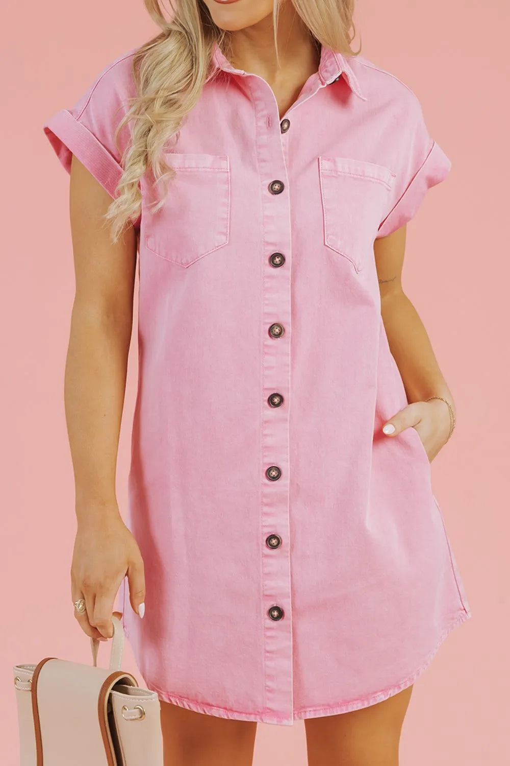 Button Down Short Sleeve Denim Dress.