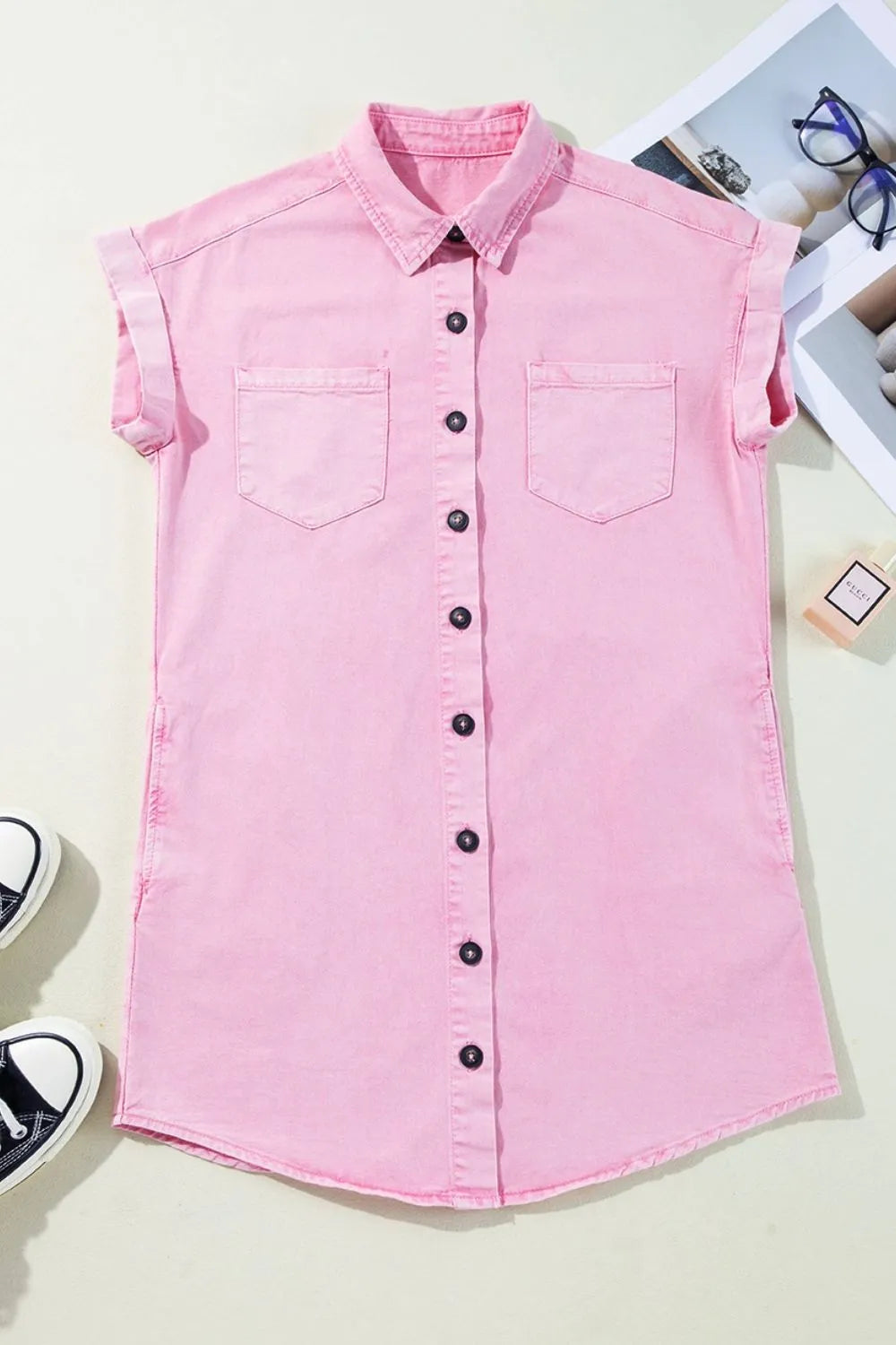 Button Down Short Sleeve Denim Dress.