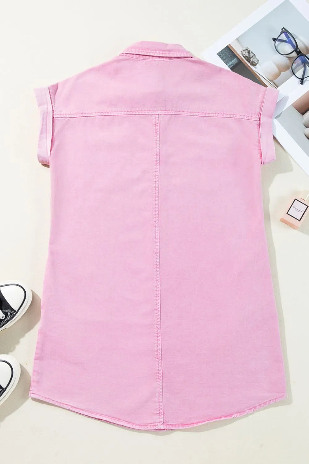 Button Down Short Sleeve Denim Dress.