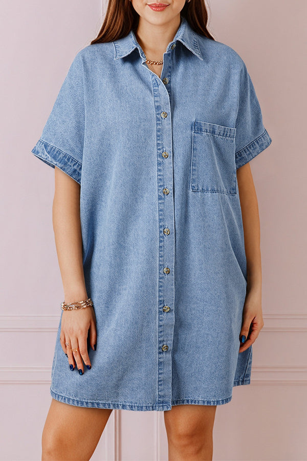 Button Down Short Sleeve Denim Dress.
