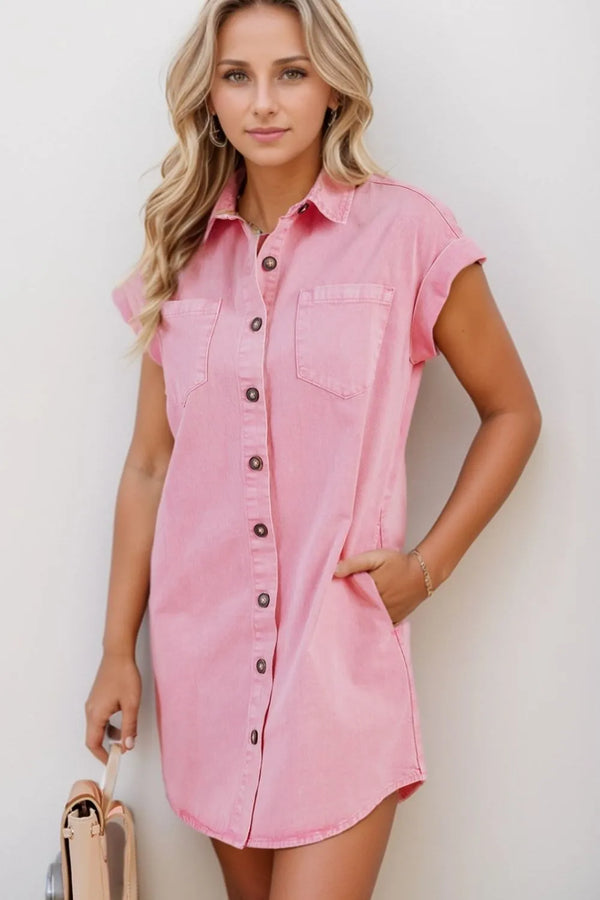 Button Down Short Sleeve Denim Dress.