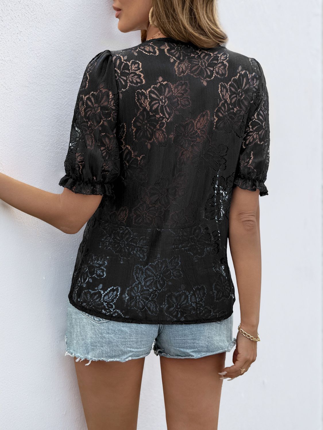 Perfee button down short sleeve lace shirt.