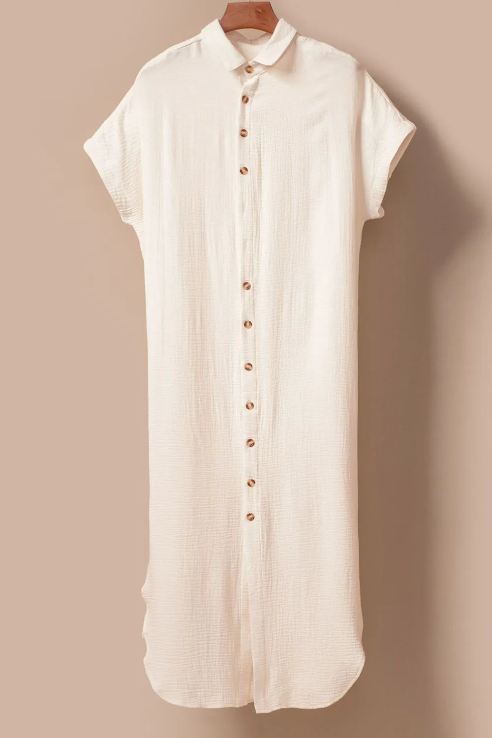 Button Down Short Sleeve Midi Shirt Dress with Slit.