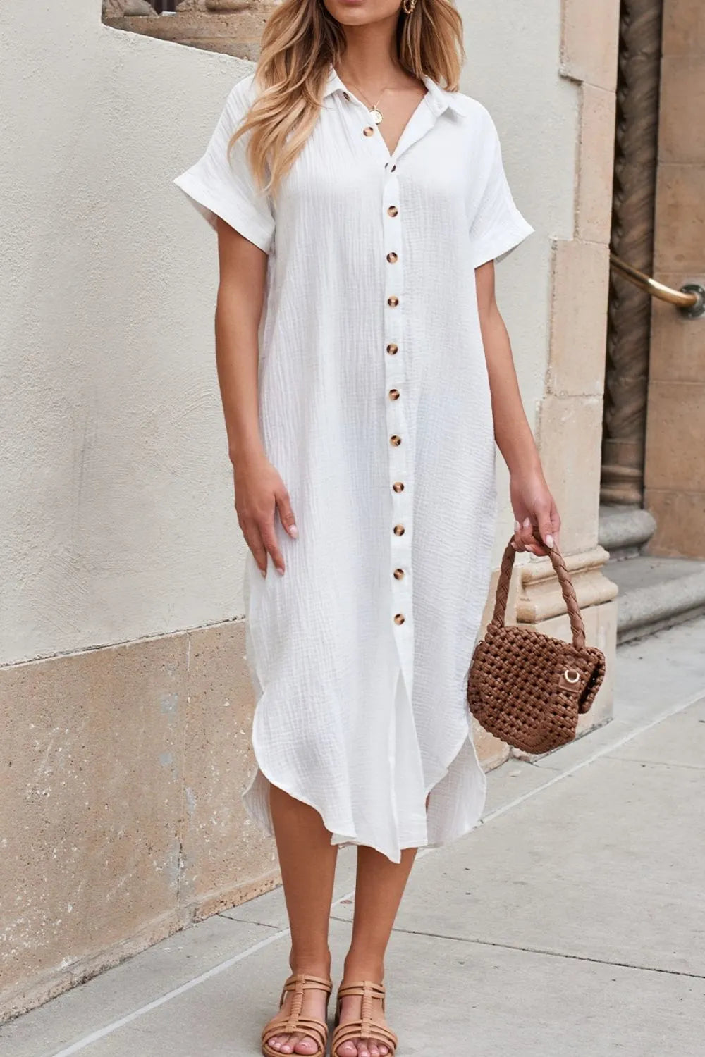 Button Down Short Sleeve Midi Shirt Dress with Slit.