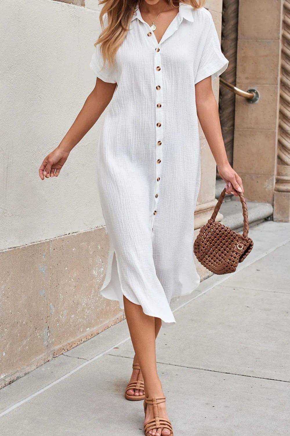 Button Down Short Sleeve Midi Shirt Dress with Slit.