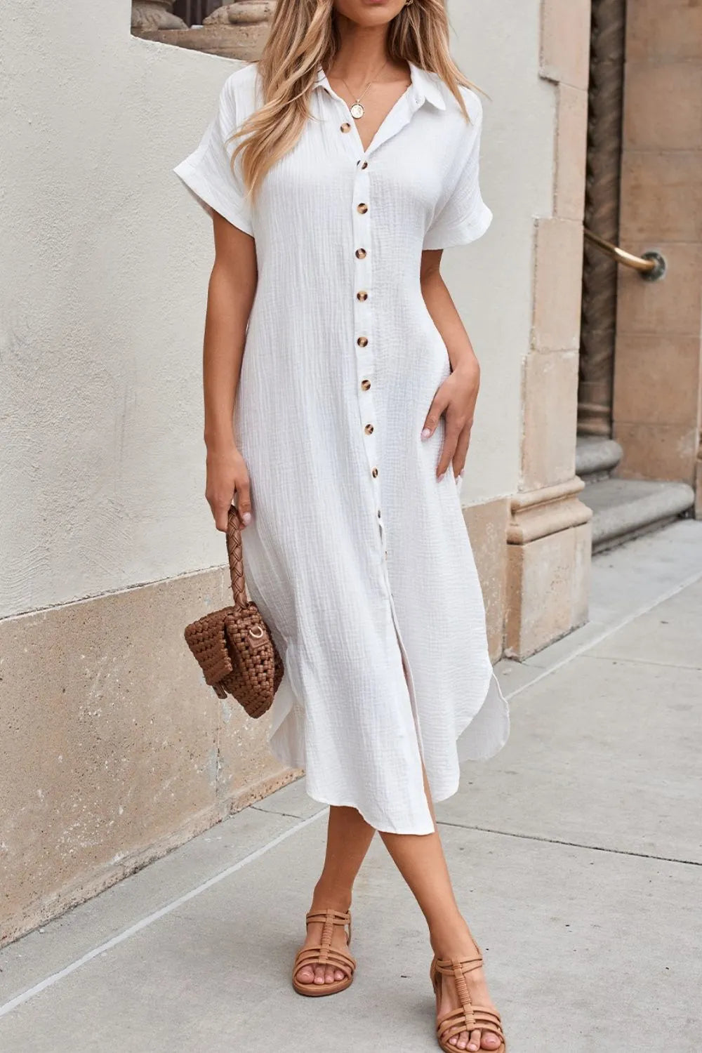 Button Down Short Sleeve Midi Shirt Dress with Slit.