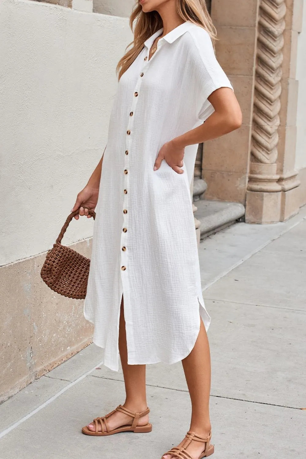 Button Down Short Sleeve Midi Shirt Dress with Slit.