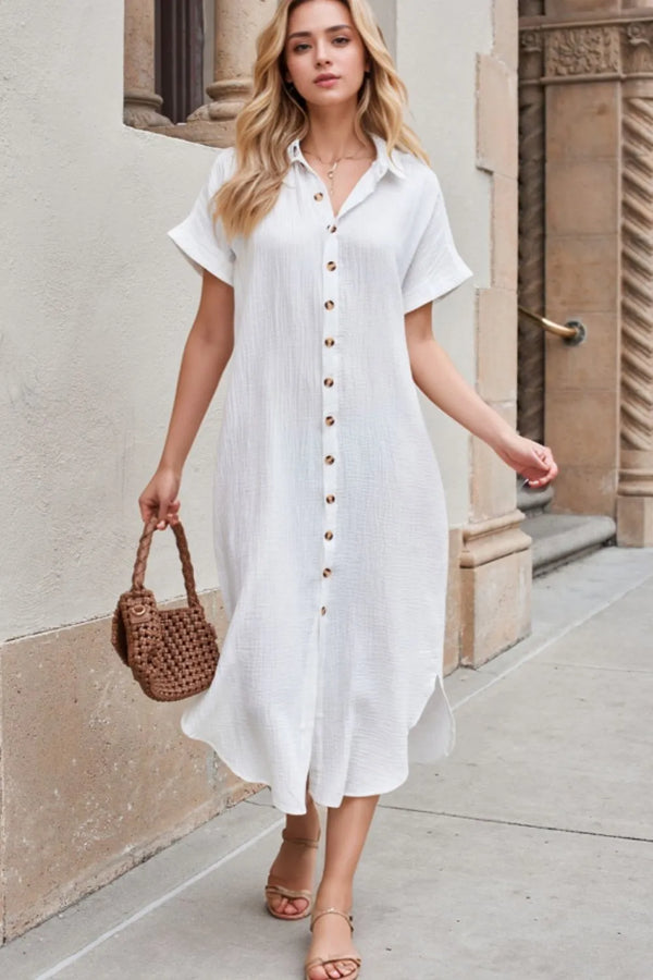 Button Down Short Sleeve Midi Shirt Dress with Slit.