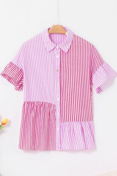 Button down striped ruffled hem shirt.