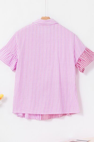 Button down striped ruffled hem shirt.