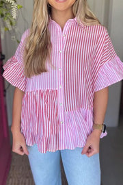 Button down striped ruffled hem shirt.