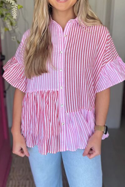 Button down striped ruffled hem shirt.