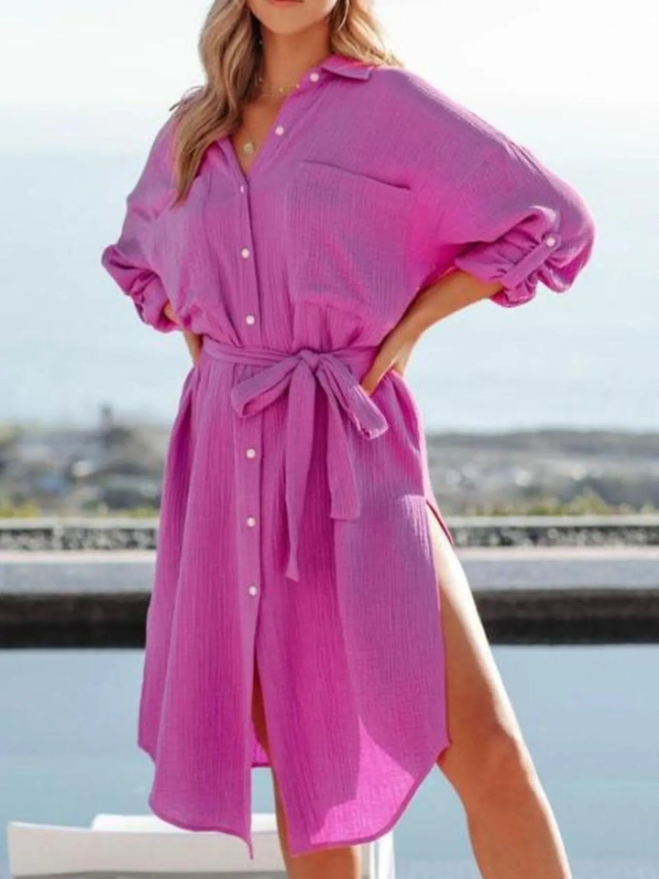 Button Down Tie Waist Shirt Dress.
