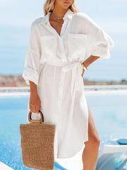 Button Down Tie Waist Shirt Dress.